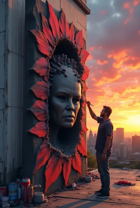 Create an image of a sculpture embedded in a wall and the sculpture is being painted by a man using urban art 
With a landscape of a sunset