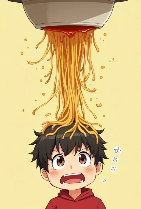 Draw me a boy with an upside-down bowl of soup full of spaghetti soiling his head with spaghetti on his head and with a nervous face, From the torso and the head just , no el cuerpo,  with a half-sided perspective ,  anime style