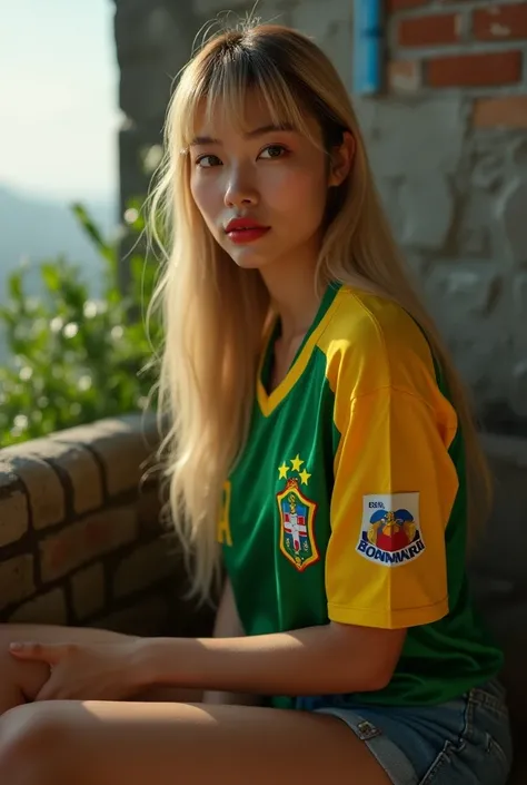 Korean woman realistic face with oily brown and shiny skin    , Oriental black eyes     ,  Voluminous lips with lip gloss  , Long blond hair with fringe wearing a green and yellow Brazilian national team jersey and denim shorts holding a Haineken seated on...