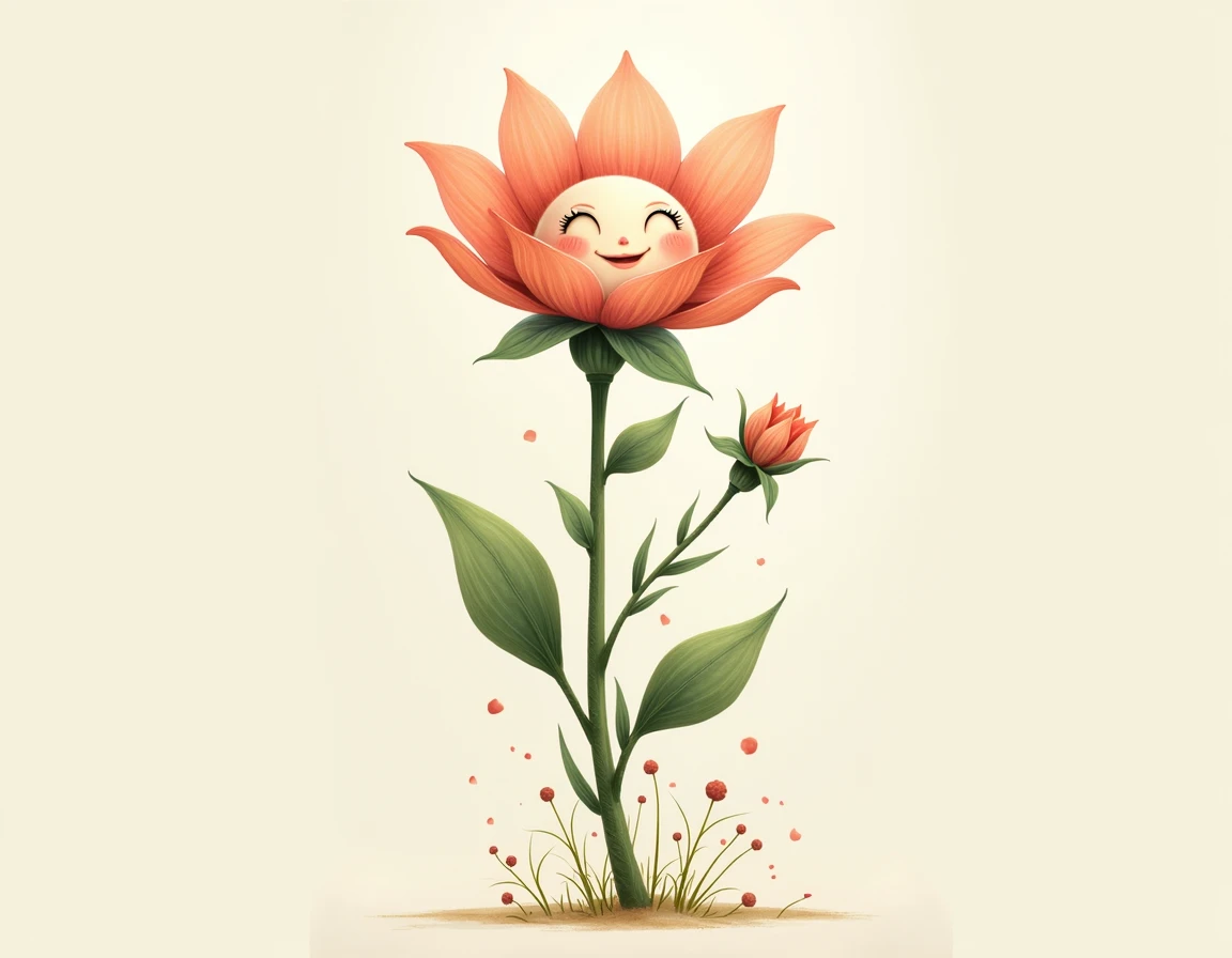 A graceful humanoid flower, with petals soft and vivid, takes form against an empty canvas. Its face, tender and expressive, blooms like the heart of a flower, with eyes full of wonder and a gentle smile. The petals crown its head, while its arms and legs ...