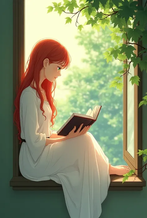 Girl with red long hair, attractive eyes green ,Cute features, small nose, detailed eyes, beautiful body, sitting on the window holding a book in her hands, wearing a white robe and there are trees outside, use the art style of the manhwa "a maid was more ...