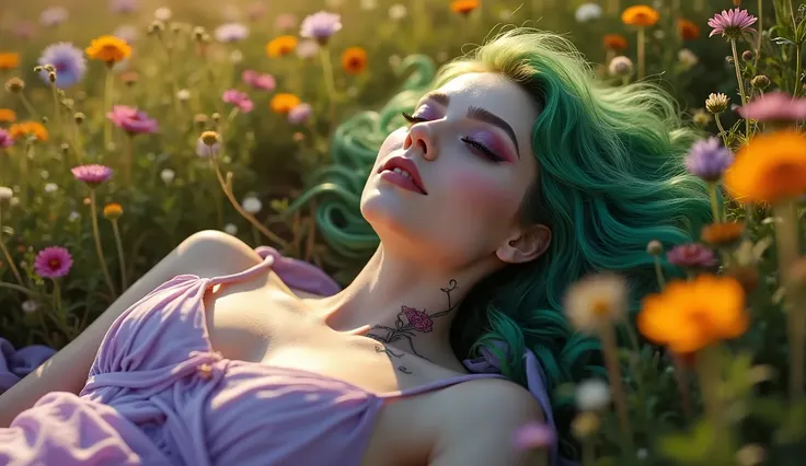 She lies in a field of wildflowers, the sun casting a soft golden glow over the scene. The camera, positioned above her, captures the serene beauty of this moment. Wearing light purple and green clothing that reflects her vibrant palette, the fabrics gentl...