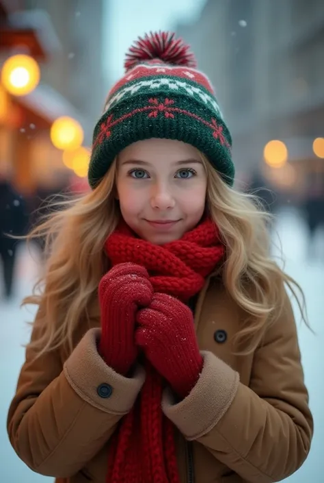 Wearing a green, red and white Christmas knit ski hat, Light gold wavy hair, Bluish eyes, Petite Girls, Beautiful girl even without makeup, Pale red cheeks, Smile shyly, raising the corners of one&#39;s mouth, Wear a red scarf around your neck, Light brown...