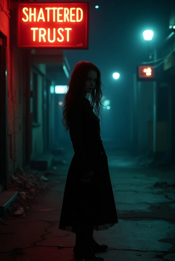 A beautiful mysterious girl with stands on a dark street with a sign saying Shattered Trust 