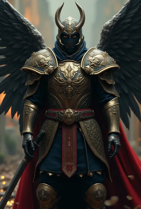  represent an artistic and unique peacekeeper with multiple weapons and epic armor without a helmet, With wings in the most typical characteristics , Features , Wappen,  badges and the corresponding color scheme of the nation of Russia  , typical features ...