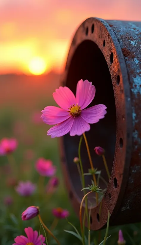 A small flower dances the delicate beauty of nature in contrast to the roughness of a man-made object. A vibrant pink flower, possibly a cosmos, grows on a rusty pipe. The background shows a field with other flowers and a vibrant orange sky, providing a su...