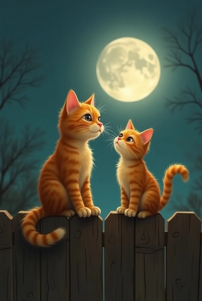 The orange cat stands on a fence under the moonlight, serenading the lady cat with a slightly off-key but heartfelt song. She raises an eyebrow, amused yet charmed by his dedication.