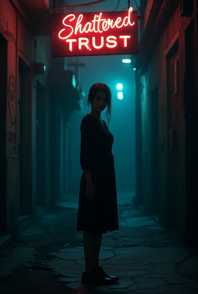 A beautiful mysterious girl with stands on a dark street with a sign saying Shattered Trust 