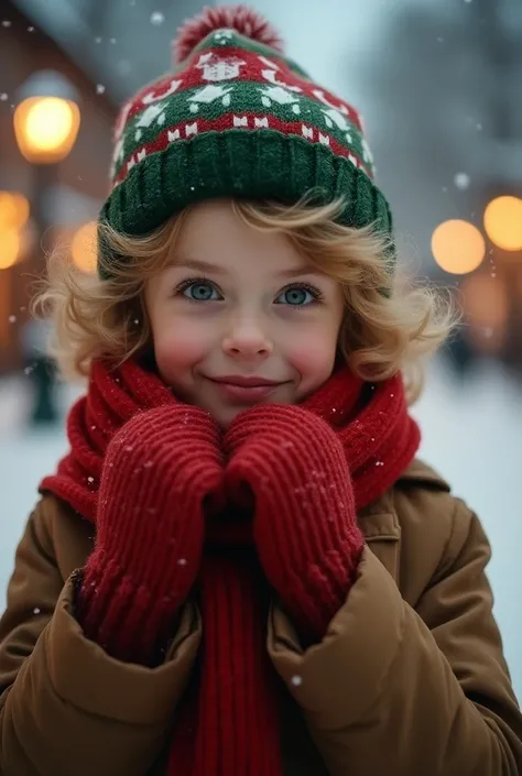 Wearing a green, red and white Christmas knit ski hat, Light gold wavy hair, Bluish eyes, Petite boy, handsome boy even without makeup, Pale red cheeks, Smile shyly, raising the corners of one&#39;s mouth, Wear a red scarf around your neck, Light brown win...