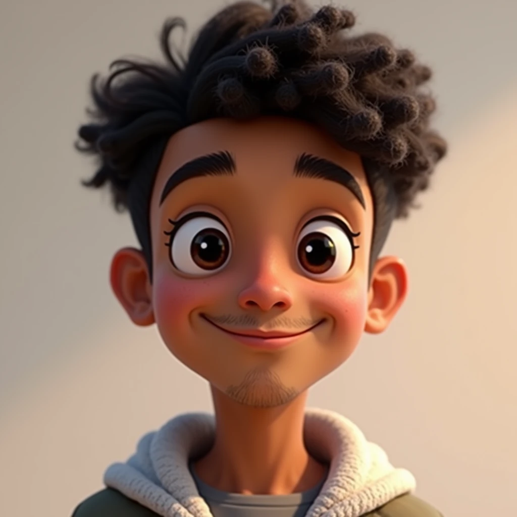 "Create an animated character avatar of a young adult male looking mature and confident and without facial hair.  He has short and very curly hair ,  a slightly wide forehead ,  deep black eyes and small ears .  His mouth is medium to large with a small do...