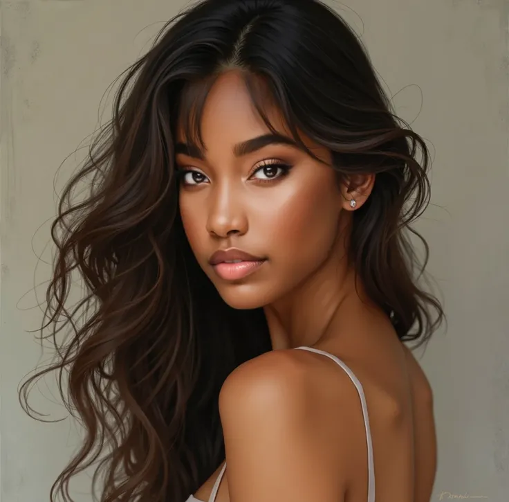 A brown woman with tan skin and dark hair.