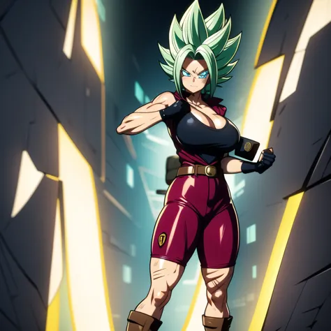 dbsuper style, 
girl, green aura, super saiyan aura, belt, cyan hair, huge hair, bruise, bruise on face, clenched hands, frown, ...