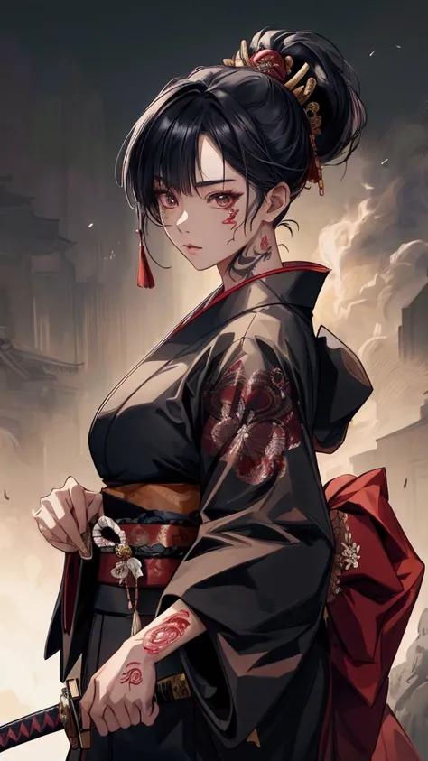  high resolution , masterpiece,  best quality,  super detailed,  OctaneRender 8K, anime, A young Asian woman with tattoos and a samurai sword,  beautiful face , She is wearing a short kimono