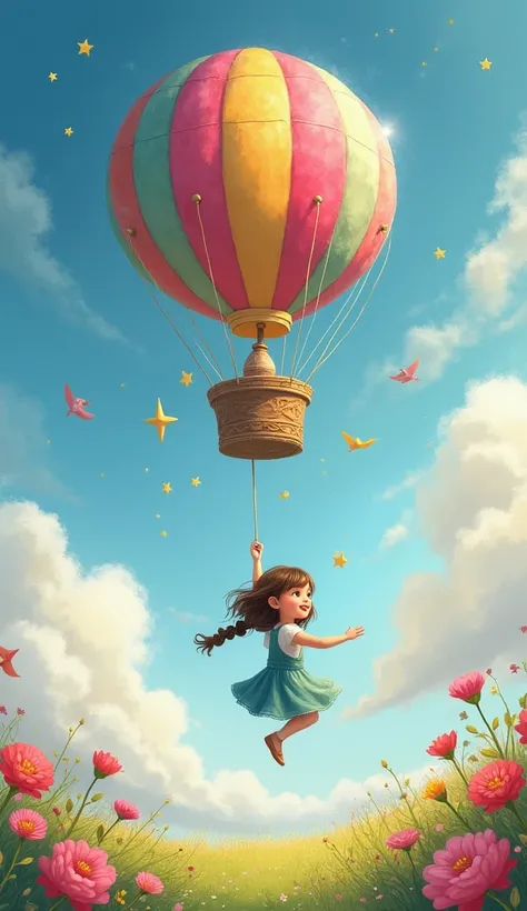 clara seguiu seu caminho desenhando estrelas e nuvens que se transformaram em um balão colorido,  that took her aloft ,  until it touched the clouds .

clara: " Im flying !  Its as if I were in the middle of a magical watercolor !"
