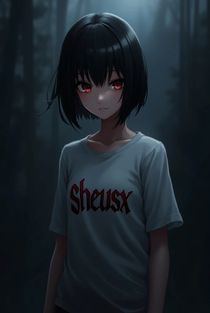 A waifu, with a shirt with the name SHEUSX, dark style, short hair
