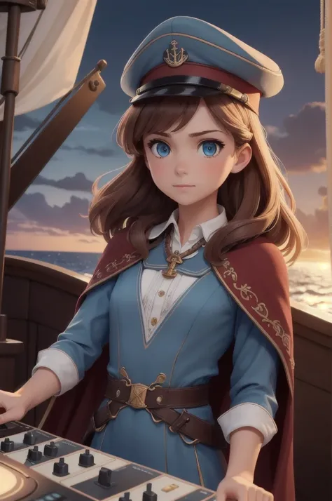 (A small chest:1.2),(masterpiece, best quality:1.2),(beautiful,  perfect, delicate, intricate:1.1),1 dj girl,adult  woman,light blue eyes,copper half-up half-down hairstyle,solo,upper body,looking down,detailed background,ship captain,serious,dark red capt...