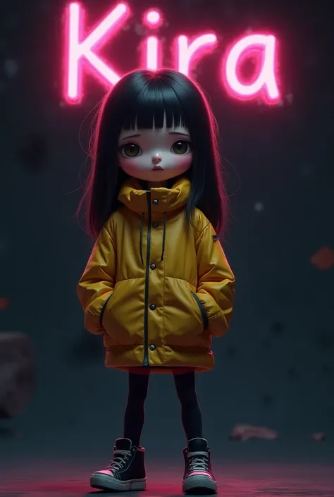 masterpiece, best quality, ultra-detailed, 8k, illustration, 1 girl, round head, long hair, round face rubber skin, full body, black hair, yellow jacket, black white shoes, with name "KIRA" written on neon pink color, over the head clearly visible, dark ba...