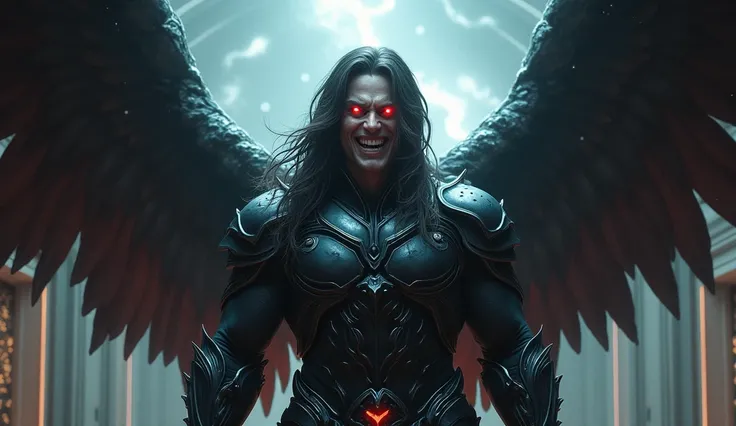 um personagem mascuino, anjo ohos vermehos e um sorriso debochado , imagem ceestia, detahes intricados, reaista, asas PRETAS e grandes, fundo angeica, , Mae character of the Bibe, Michae is wearing his dark armor , fundo cósmico, Iumination in the Archange...