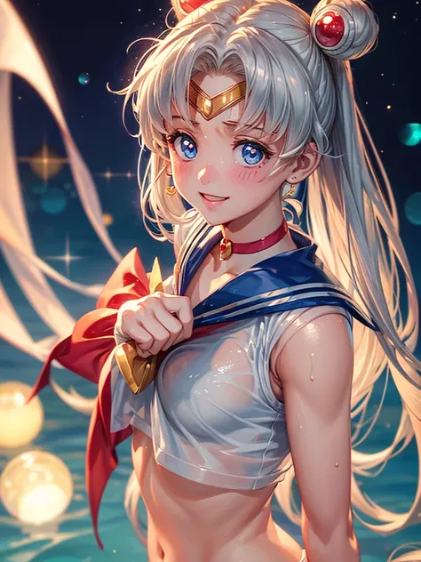 Sailor moon, ( upper body closeup shot ), ( Bokeh effect), stripping , shy, white bikini, wet clothes, see through, clevage, wet, anime,seductive pose, smiling, cute, blushing, ultra high quality, ultra high definition, ultra realistic, 8k, masterpiece