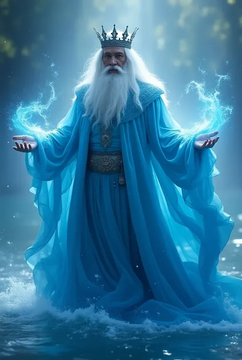 Create a male wizard with the magic of the waters,  many blue elements that refer to water and soft and fluid garments,  a blue magic and a shiny crown on the head  