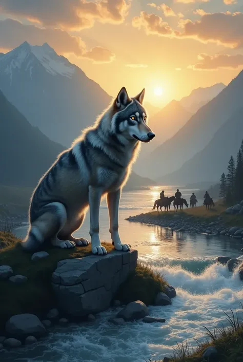  Create a dramatic mountain landscape at dawn ,  where the rising sun illuminates the Tien Shan mountains with golden light .  In the foreground, place a majestic gray she-wolf with amber eyes . in the center,  scene on a small rocky island in the middle o...