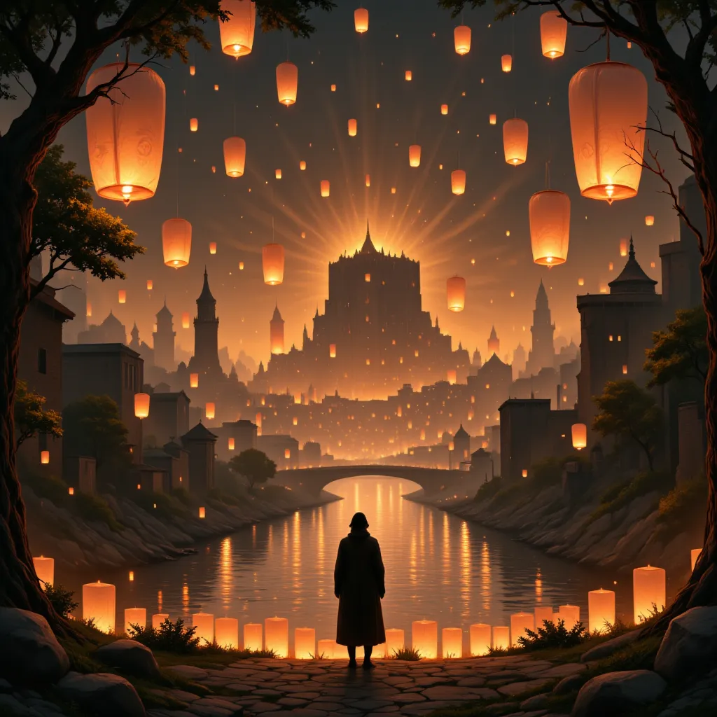 a lantern made of paper floating in the sky 、 a small lantern flowing through the river 、 lots of lantern lights floating in the...