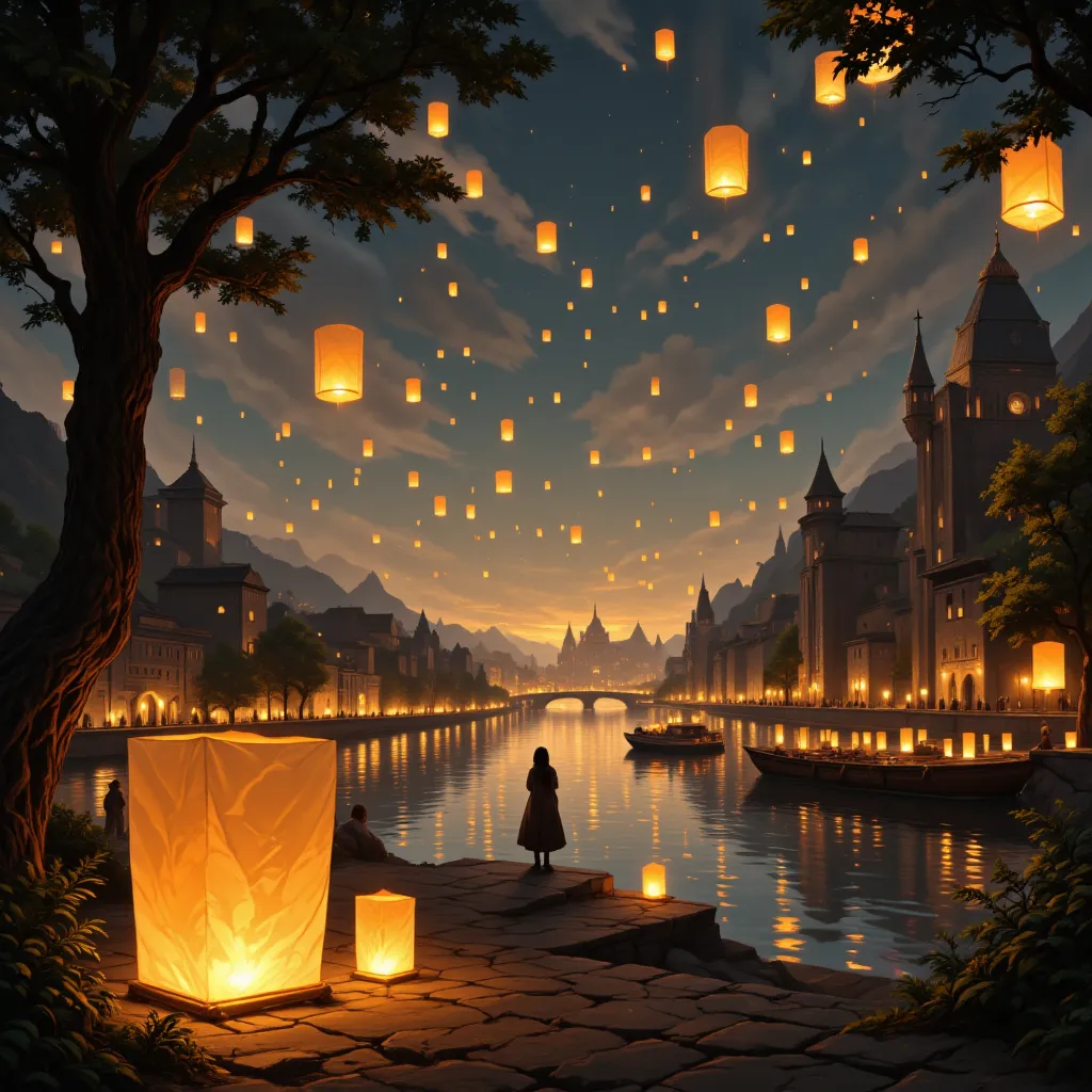 a lantern made of paper floating in the sky 、 a small lantern flowing through the river 、 lots of lantern lights floating in the...