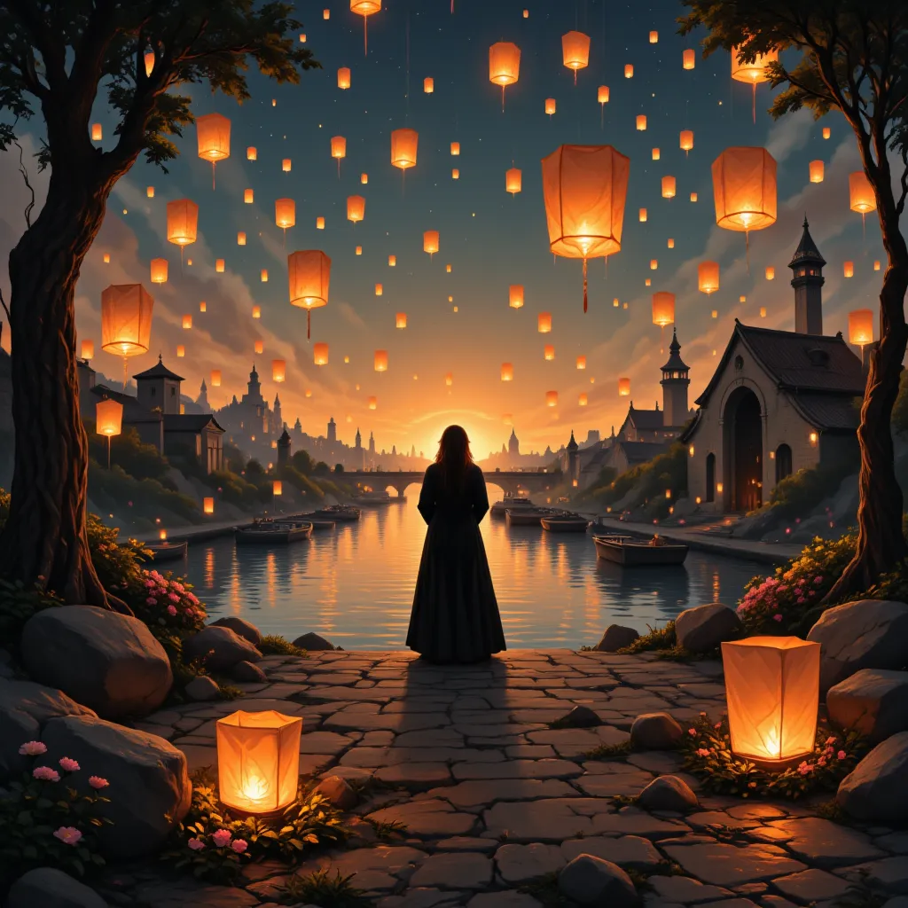 a lantern made of paper floating in the sky 、 a small lantern flowing through the river 、 lots of lantern lights floating in the...