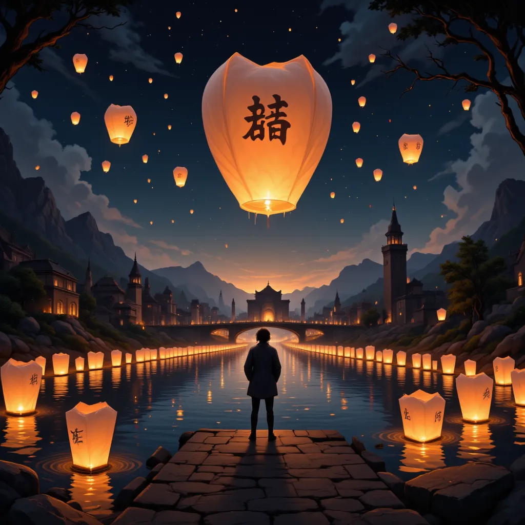 a lantern made of paper floating in the sky 、 a small lantern flowing through the river 、 lots of lantern lights floating in the...