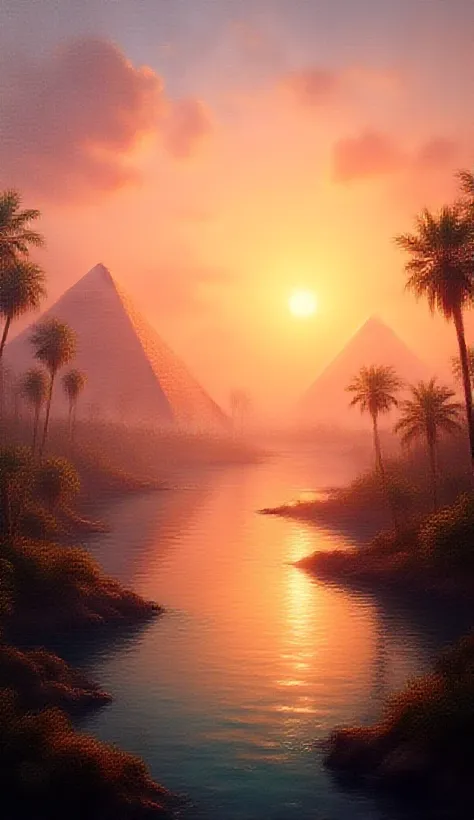 A breathtaking landscape of ancient Egypt with pyramids and the Nile River at sunset, intricately crafted in hyper-realistic oil on canvas, evoking a sense of majestic wonder, as if the viewer is standing at the riverbank, surrounded by golden light and wa...