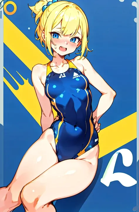    1 girl,     blonde short cut   ,    blue eyes, dark blue and dark yellow two-tone pearl metallic competitive swimsuit, stylish adult woman with very small breasts ,  character portrait ,Background sandy beach,Sporty competitive swimwear,Hold your chest ...