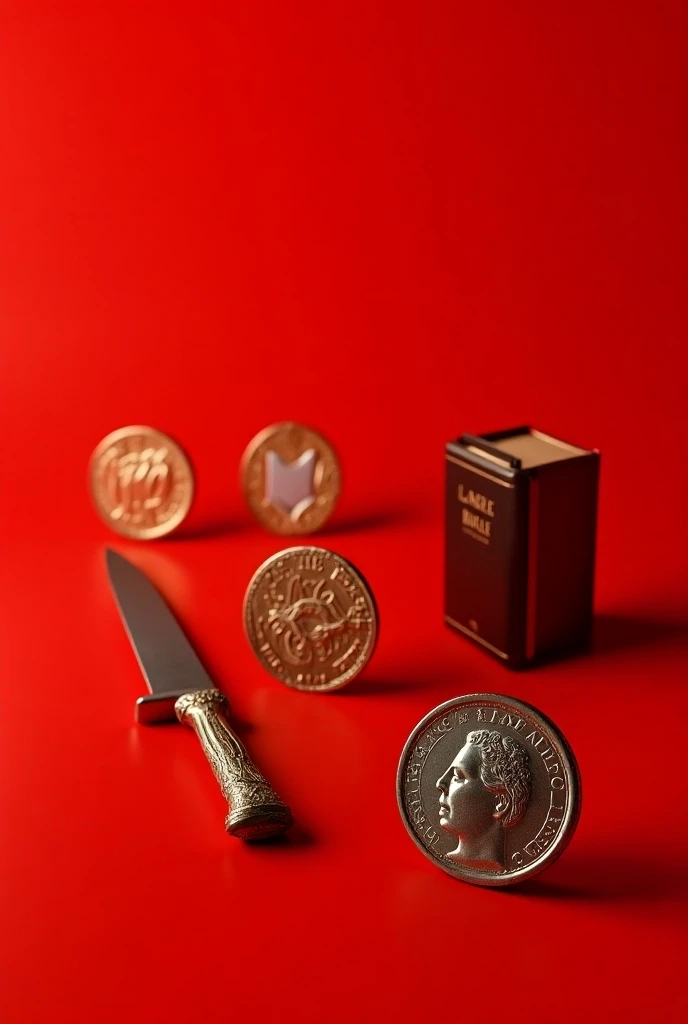 A poster with 3 coins, one coin is a knife, another one is a womans underwear, and the last one is a bible.

Red background