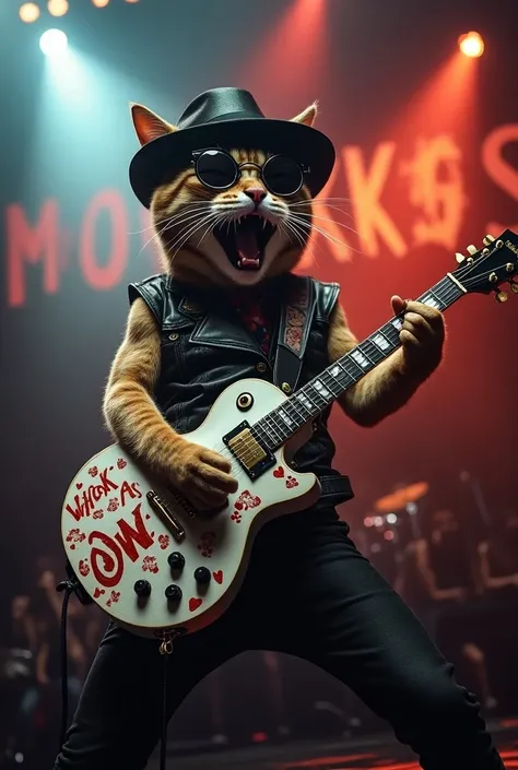 Singing cat with hat and sunglasses with white guitar and decals that say mofockos at a rock metal concert and on stage say mofockos in the background 