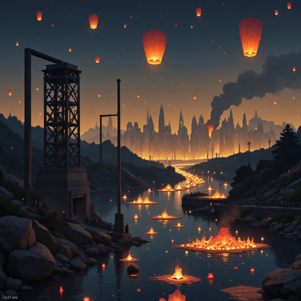 floating paper lanterns in the sky, small lanterns floating down a river, many lanterns floating in the night sky at dusk, light...