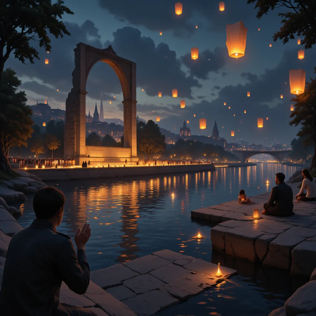 floating paper lanterns in the sky, small lanterns floating down a river, many lanterns floating in the night sky at dusk, light...