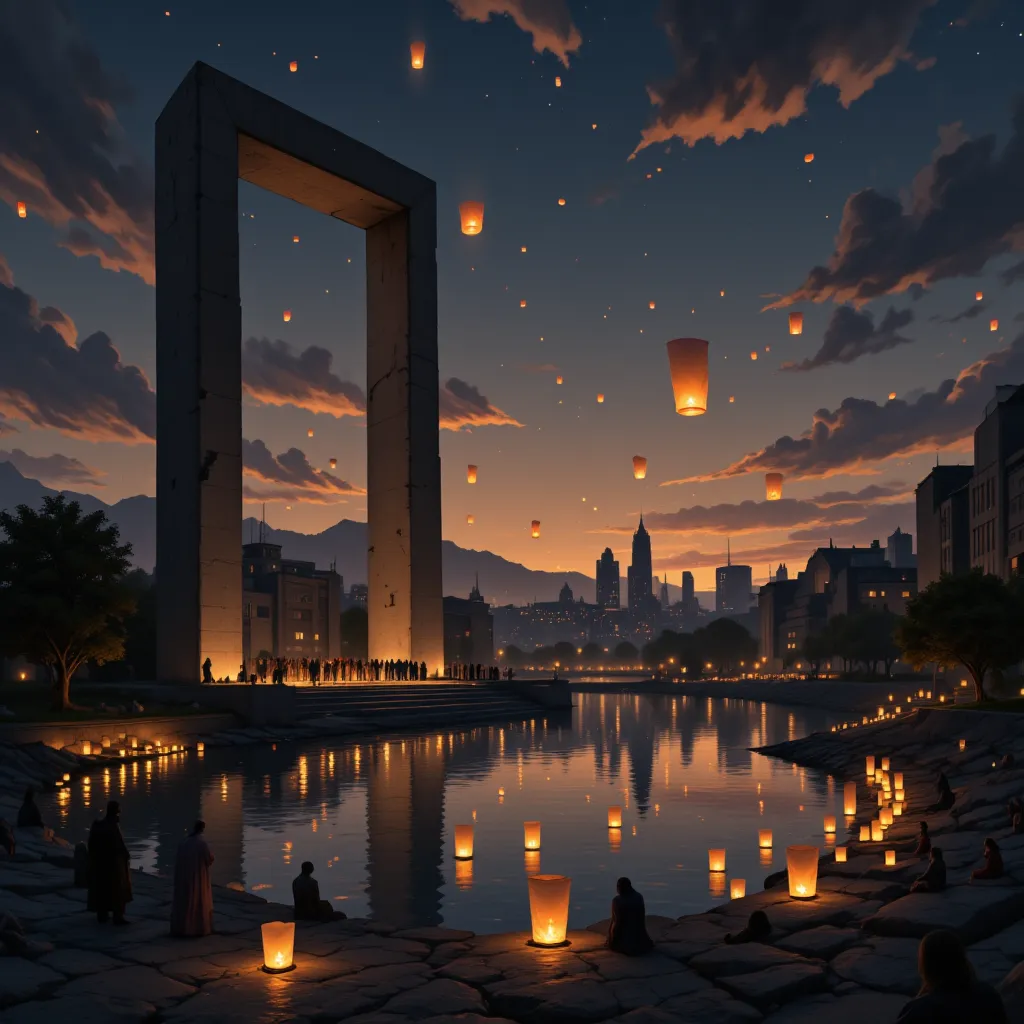 floating paper lanterns in the sky, small lanterns floating down a river, many lanterns floating in the night sky at dusk, light...