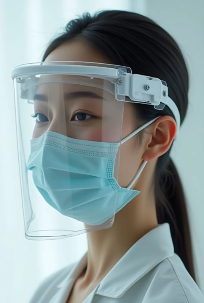 Transparent face mask that is attached to a plastic harness around the face
