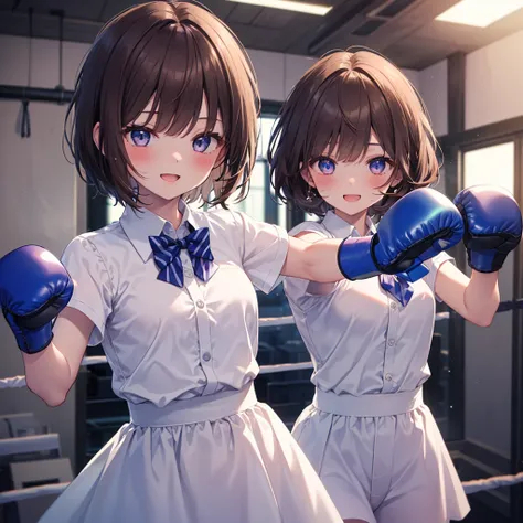 ( BEST QUALITY 、8k、masterpiece))、(( 1 girl))、((cute))、 big smile、 blushes cheeks、 opening mouth、Brown Hair、 short bob hair、 super detailed face、Ultra-detailed eyes、Ultra detailed hair、 short sleeve collared shirt、Purple bow tie、White Skirt、 boxing gloves、 ...