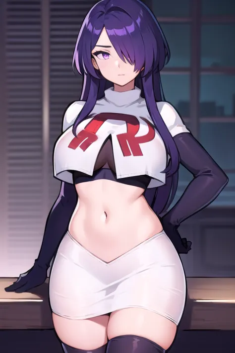 masterpiece, best quality, 1girl,,hair over one eye, purple eyes, purple hair,big breasts,seductive, team rocket,team rocket uni...