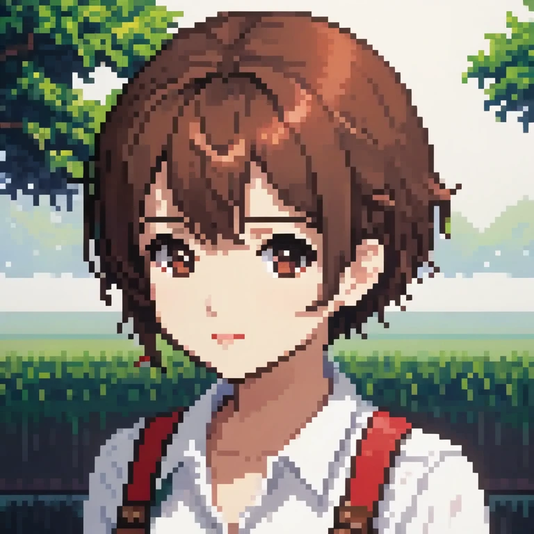 Pixel art of a thoughtful anime girl with short brown hair and warm brown eyes, wearing a white collared shirt and red suspenders. Her expression is calm, with a slight hint of thoughtfulness. Background is simple and dark, focusing attention on her facial...