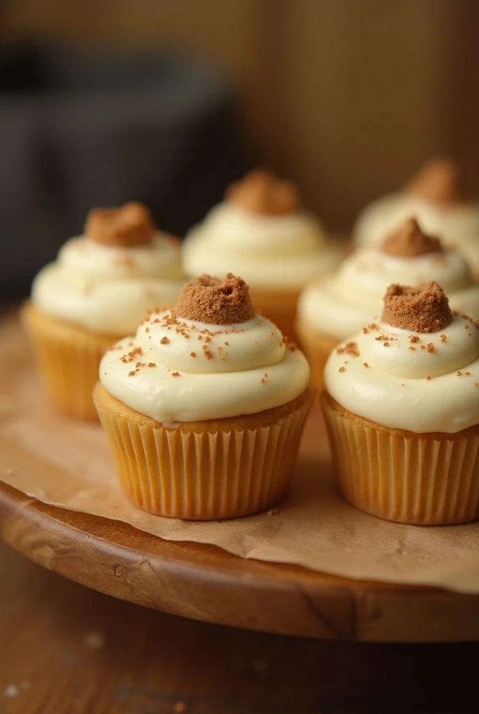 🍰 Cannoli Cupcakes 🍰,  The scene should be captured in warm, inviting lighting with a slight grainy texture, reminiscent of an old camera. The composition should convey a casual yet appealing presentation that highlights the dishs homemade charm. Ensure th...