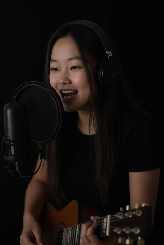 (Photorealism:1.2), a girl singer ,  wearing a black t-shirt ,  is sitting in the studio, black background