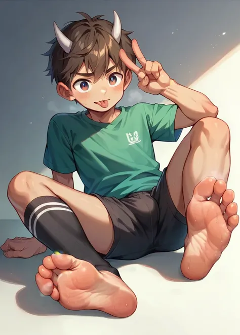 Sporty young boy, tight short, tshirt, , cute men, boy, horns and a brown dark skintone boy 
Tongue out 
Showing smelly feet really sweaty feet soles, black socks, front show.
Giving the peace sign on both hands