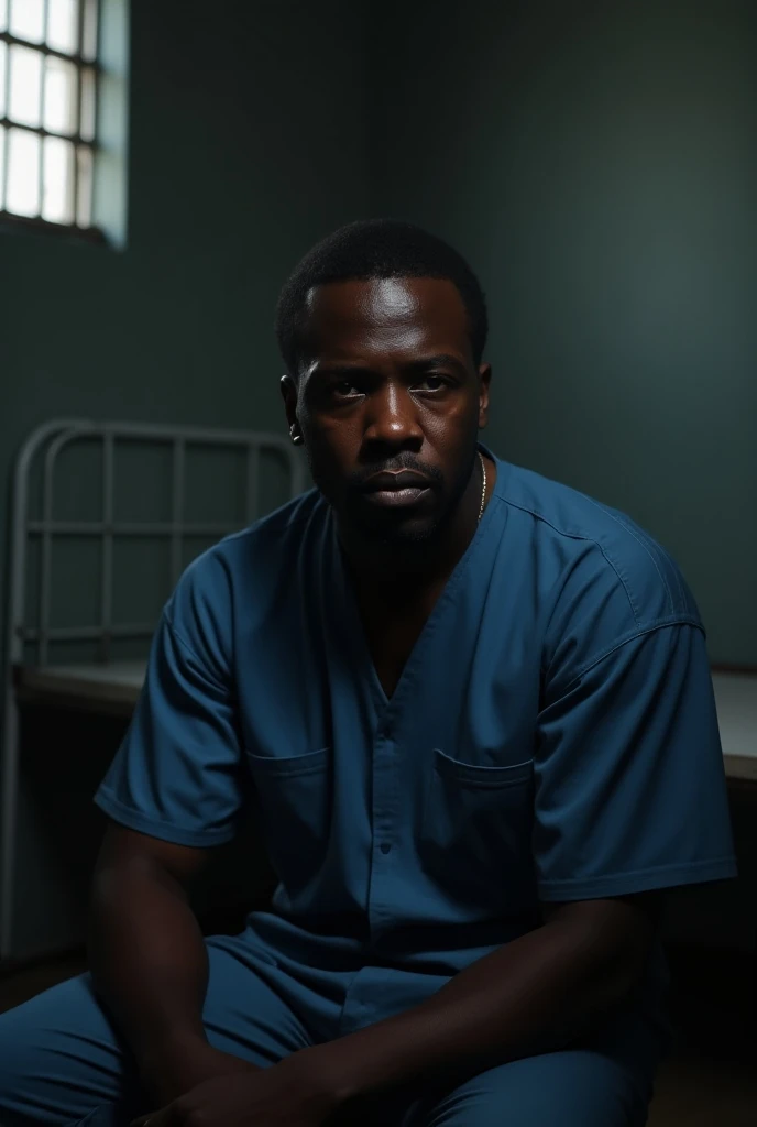 Image of a black man  sitting inside prison cell  wearing blue prison dress