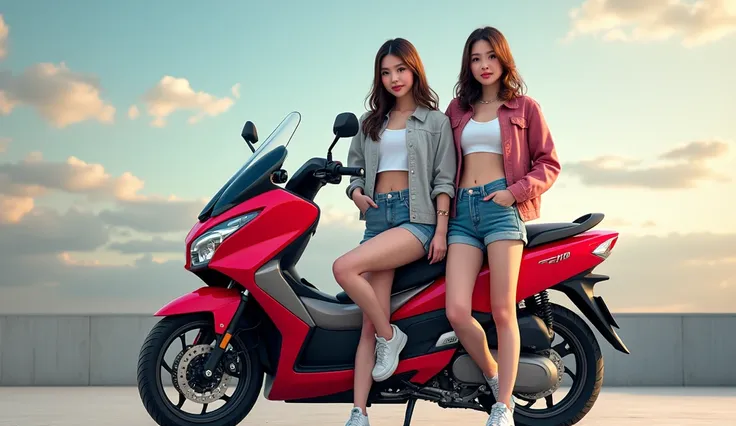 Full body with girls standing Honda Shine 125 BS7 in red colour which gives hd look 