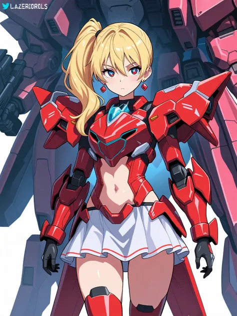 READ DESCRIPTION, 1 girl, Blondie , red pupils, long hair, side ponytail, Mecha armor, red mecha armor, navel cutout, lazer swords in her mecha-gauntlets, earrings, skirt ,masterpiece,best quality,amazing quality,very aesthetic,absurdres, shine,