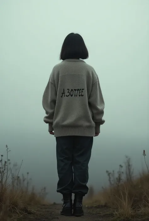  is written with a zipper Translate into English 

A girl in pants and an oversized sweater is standing on a hill in cloudy weather, She has a bob,  dark hair , only her silhouette is visible , she has two knitting needles in her hands between which the wo...