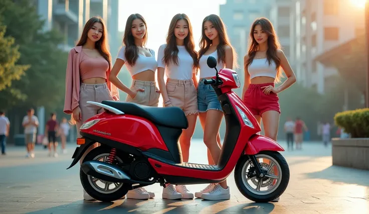 Front with girls standing Honda Shine 125 BS7 in red colour which gives hd look 