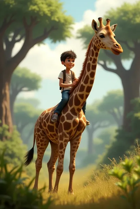 Boy on top of a giraffe