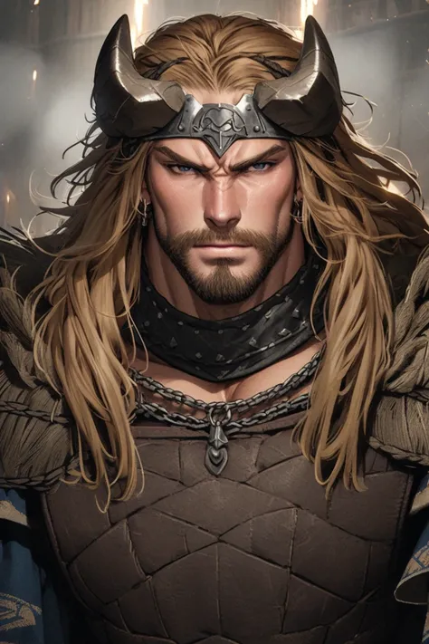 Make a muscular man of the Taurus sign he wears an outfit from medieval times and has the horns of a Taurus he is a Viking hair 